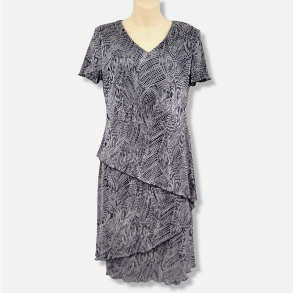 CONNECTED APPAREL Black and White Tiered Asymmetrical Slinky Dress Size (10)